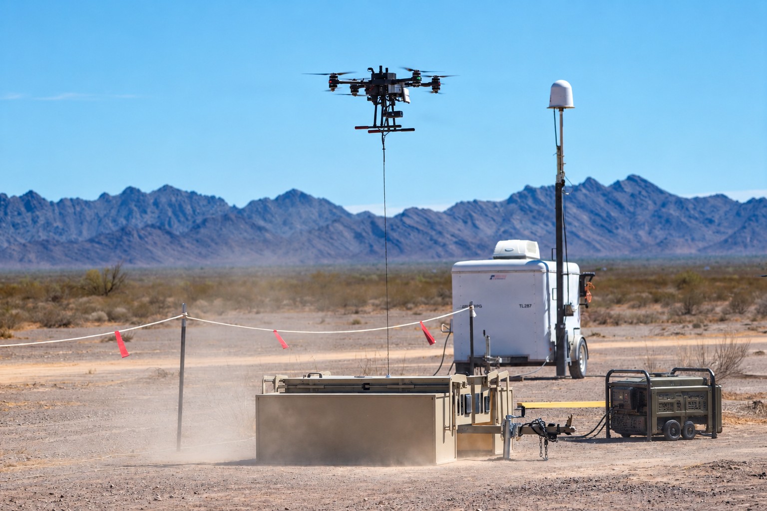 Ground Power Unit — aircraft on tether, powered from the ground power unit and generator.